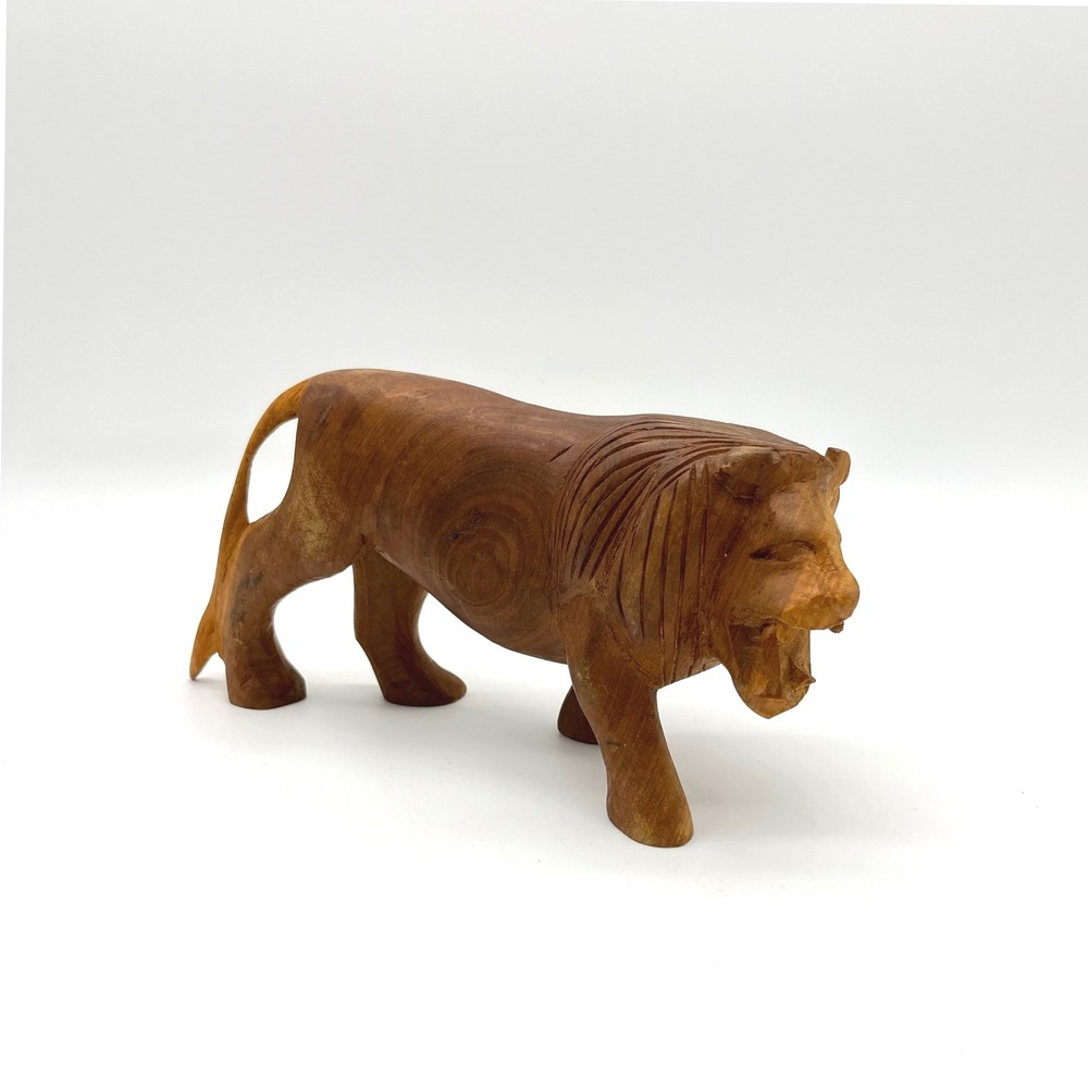 Hand Carved Wooden Lion Figurine Roaring Majestic Sculpture Art Decor 1970s